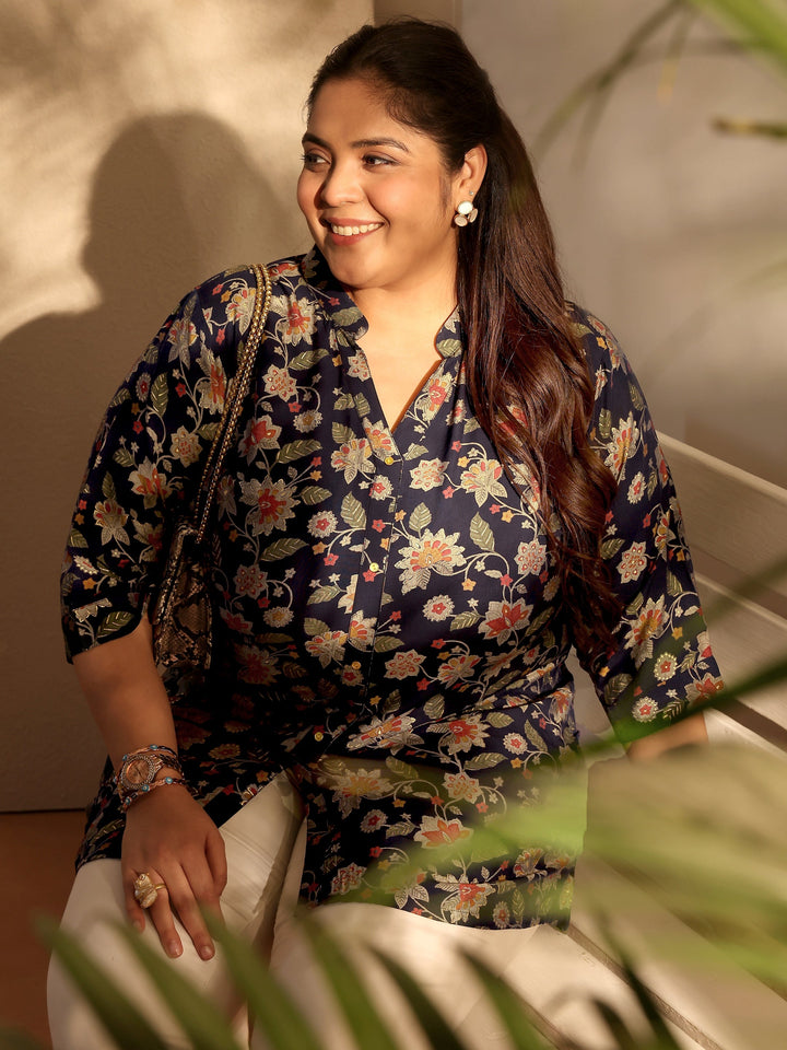 Plus Size Navy Blue Printed Silk Blend Straight Short Kurti
