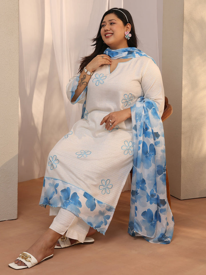 Plus Size Off white Embroidered cotton blend Straight Suit Set With Dupatta