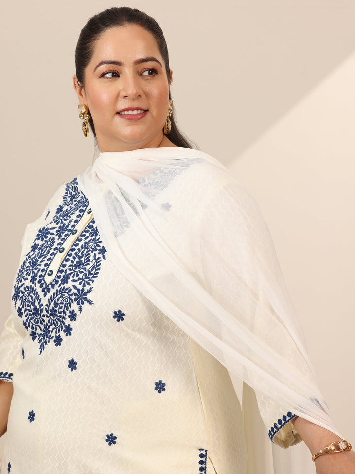 Plus Size Off White Embroidered Cotton Straight Suit Set With Dupatta