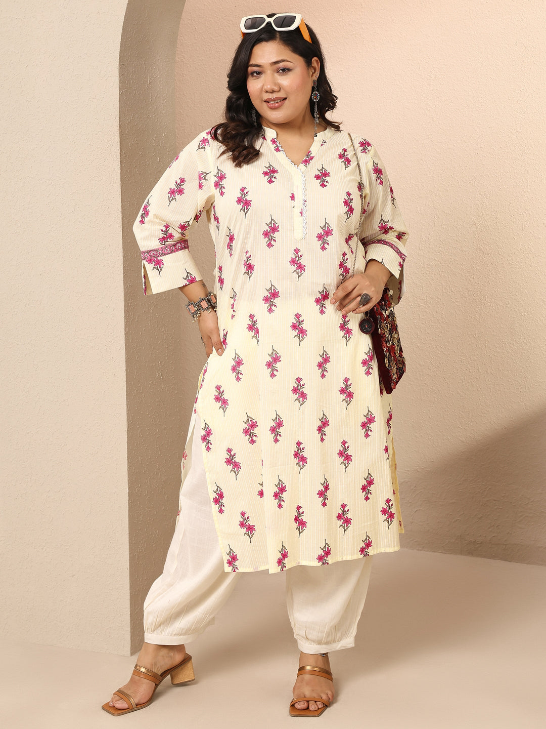 Plus Size Off White Printed Cotton Straight Kurta