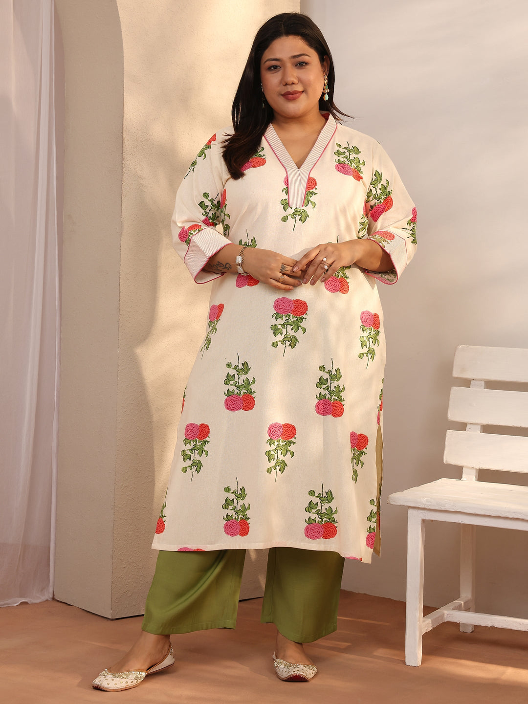 Plus Size Off White Printed Cotton Straight Kurta