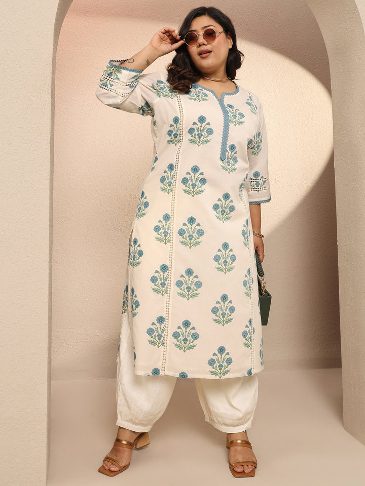 Plus Size Off White Printed Cotton Straight Kurta