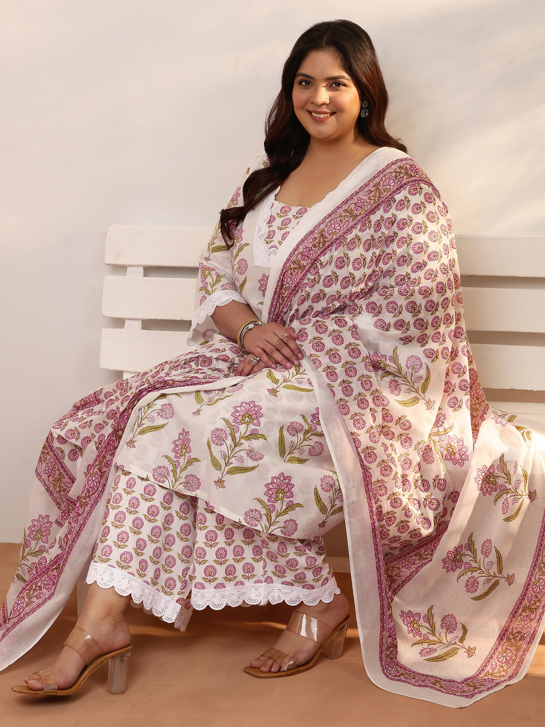 Plus Size Off white Printed Cotton Straight Suit Set With Dupatta