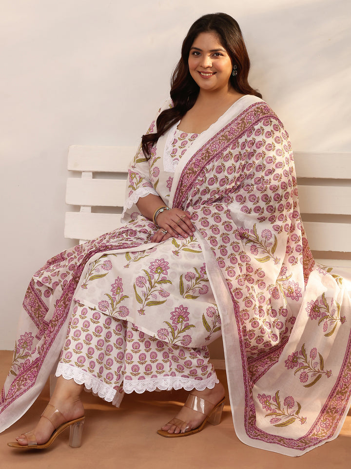 Plus Size Off white Printed Cotton Straight Suit Set With Dupatta