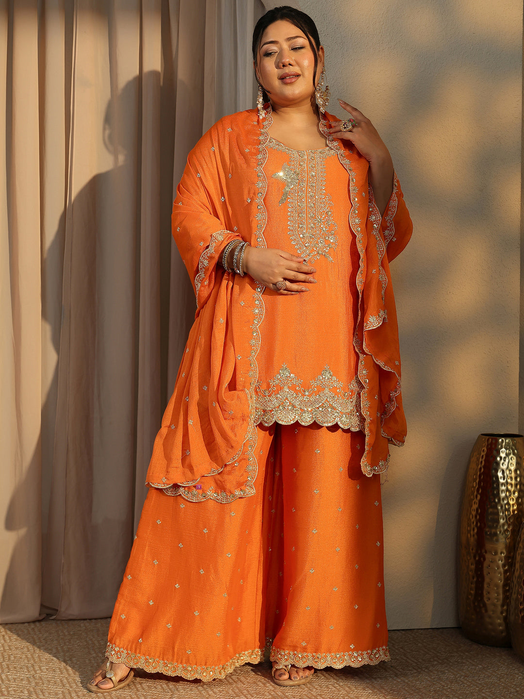 Plus Size Orange Embroidered Chinon Straight Suit Set With Dupatta