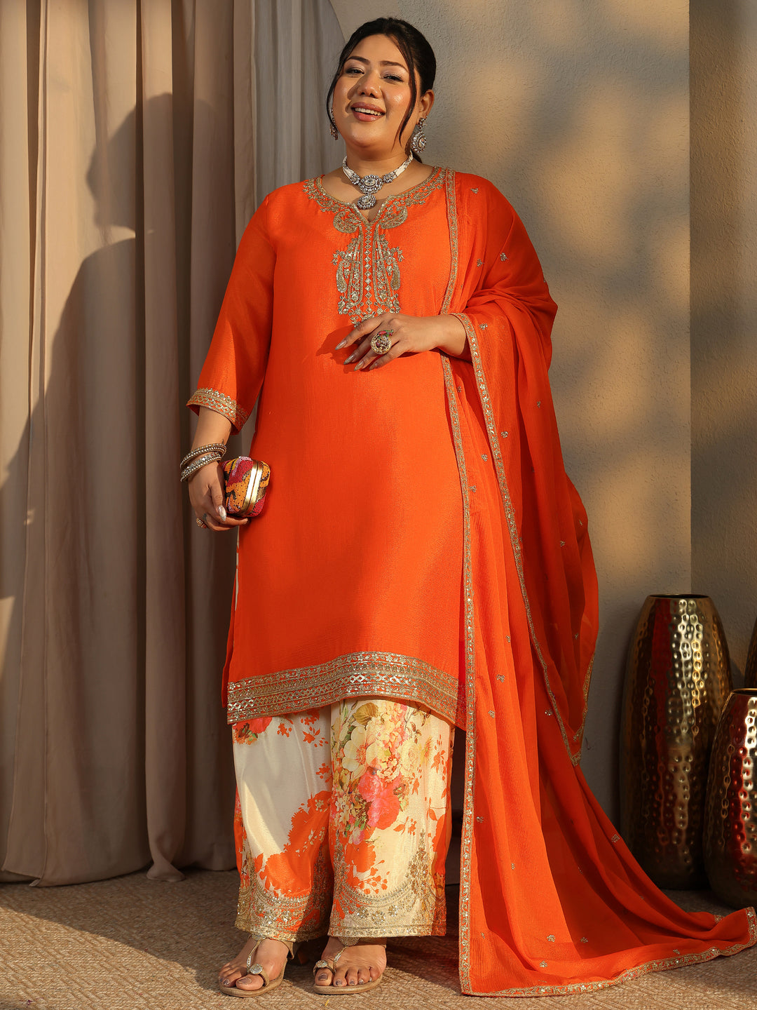 Plus Size Orange Embroidered Chinon Straight Suit Set With Dupatta