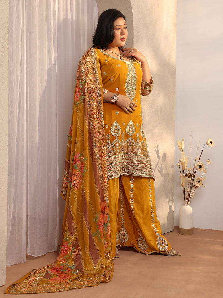 Plus Size Orange Embroidered Crepe Straight Suit Set With Dupatta