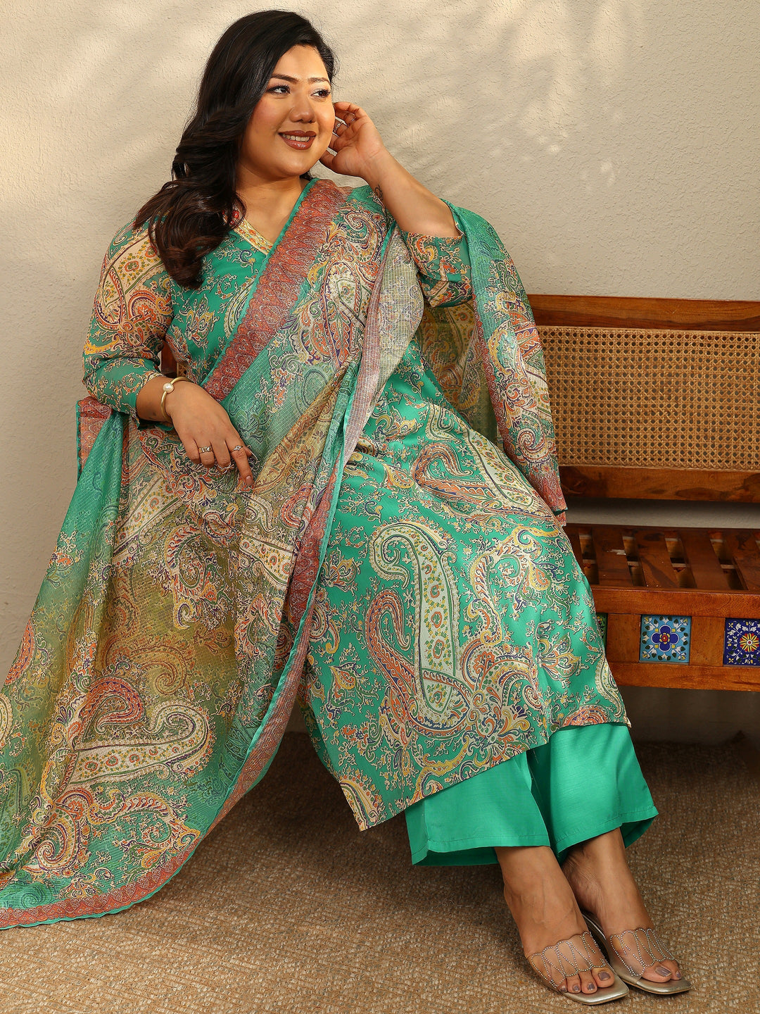 Plus Size Paisley Printed Chiffon A-Line Suit Set With Dupatta