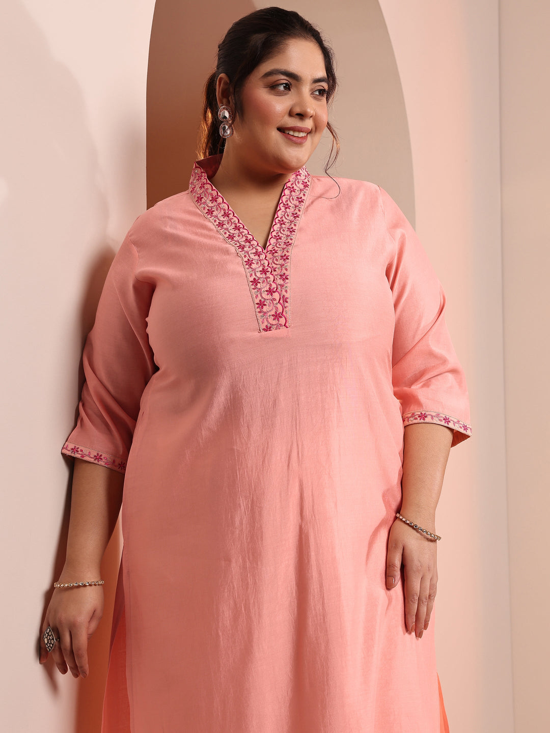 Plus Size Peach Embroidered Silk Blend Straight Kurta