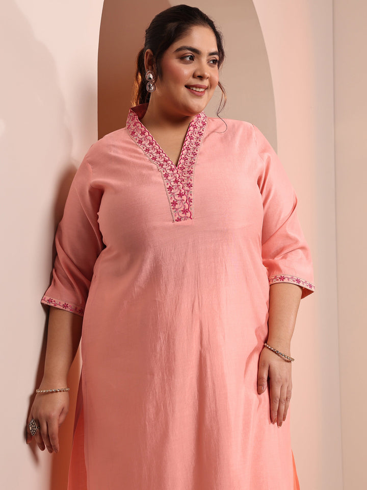 Plus Size Peach Embroidered Silk Blend Straight Kurta