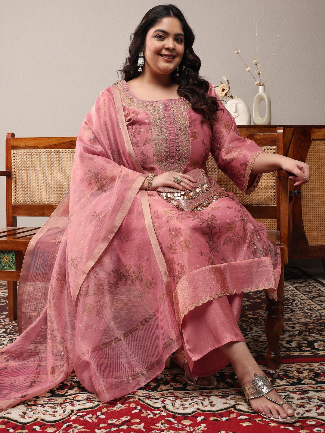 Plus Size Peach Embroidered Silk Blend Straight Suit Set With Dupatta