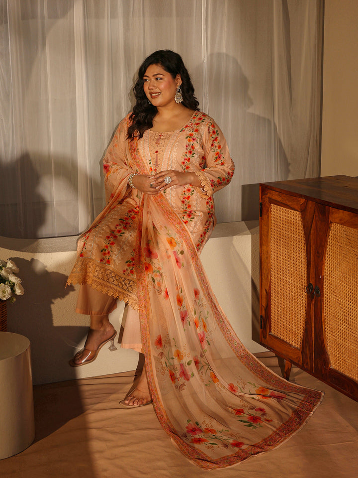 Plus Size Peach Floral Schiffli Embroidered Cotton Suit Set