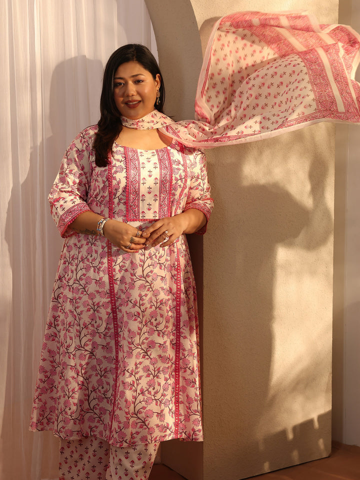 Plus Size Peach Printed Cotton A-line Suit Set With Dupatta