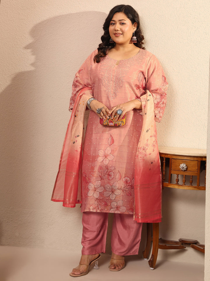 Plus Size Peach Printed Silk Blend Straight Suit Set With Dupatta