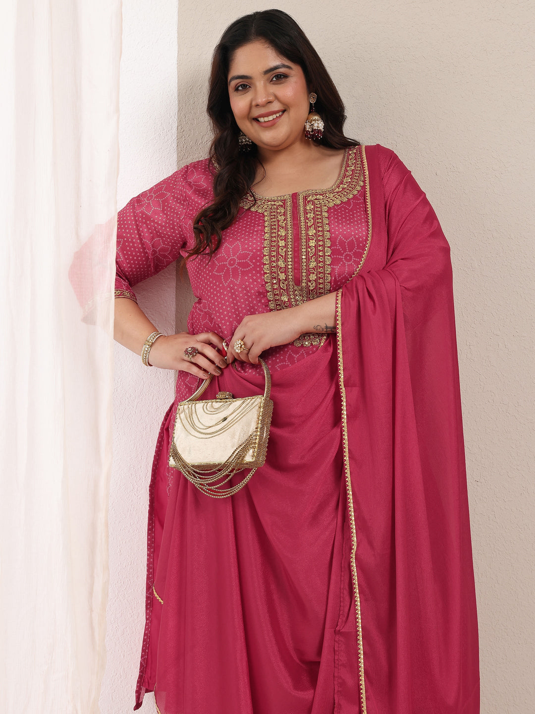 Plus Size Pink Bandhani Embroidered Silk Blend Straight Suit Set With Dupatta