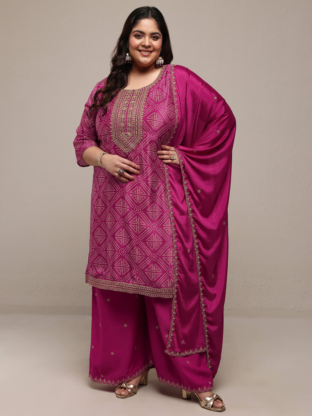 Plus Size Pink Bandhani Printed Chinon Straight Suit Set With Dupatta