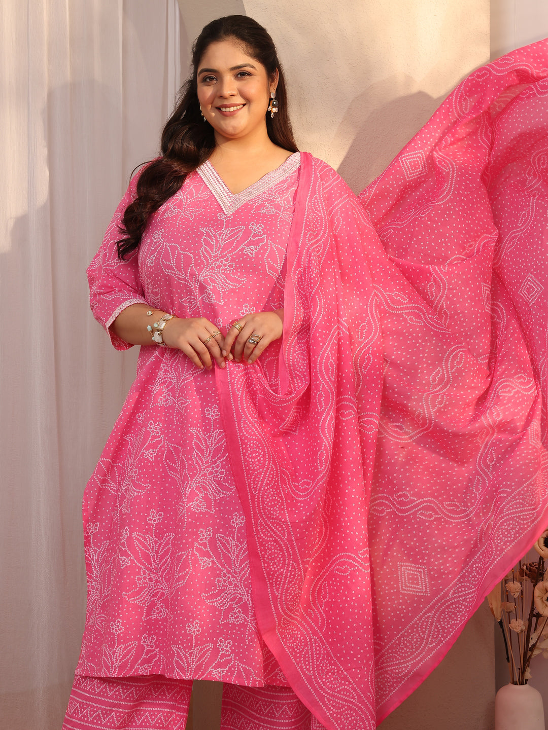 Plus Size Pink Bandhani Printed Cotton Straight Suit Set With Dupatta