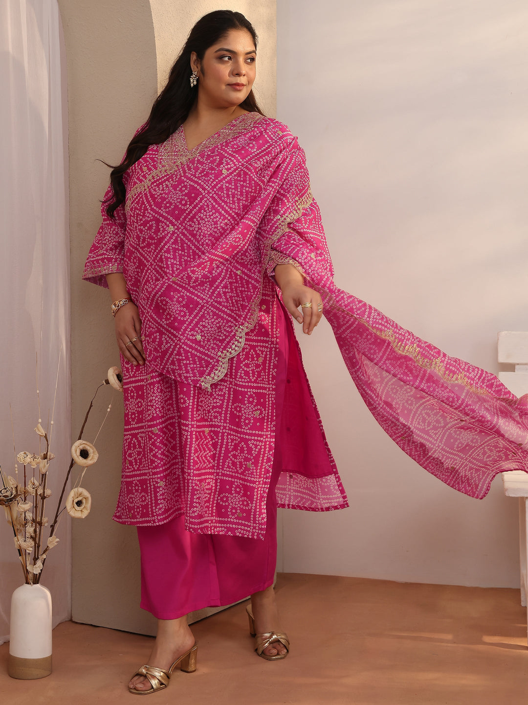 Plus Size Pink Bandhani Printed Silk blend Straight Suit Set With Dupatta