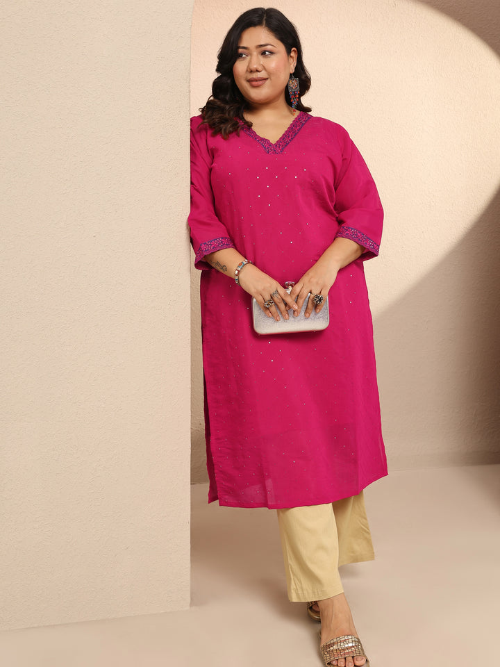 Plus Size Pink Embellished Silk Blend Straight Kurta