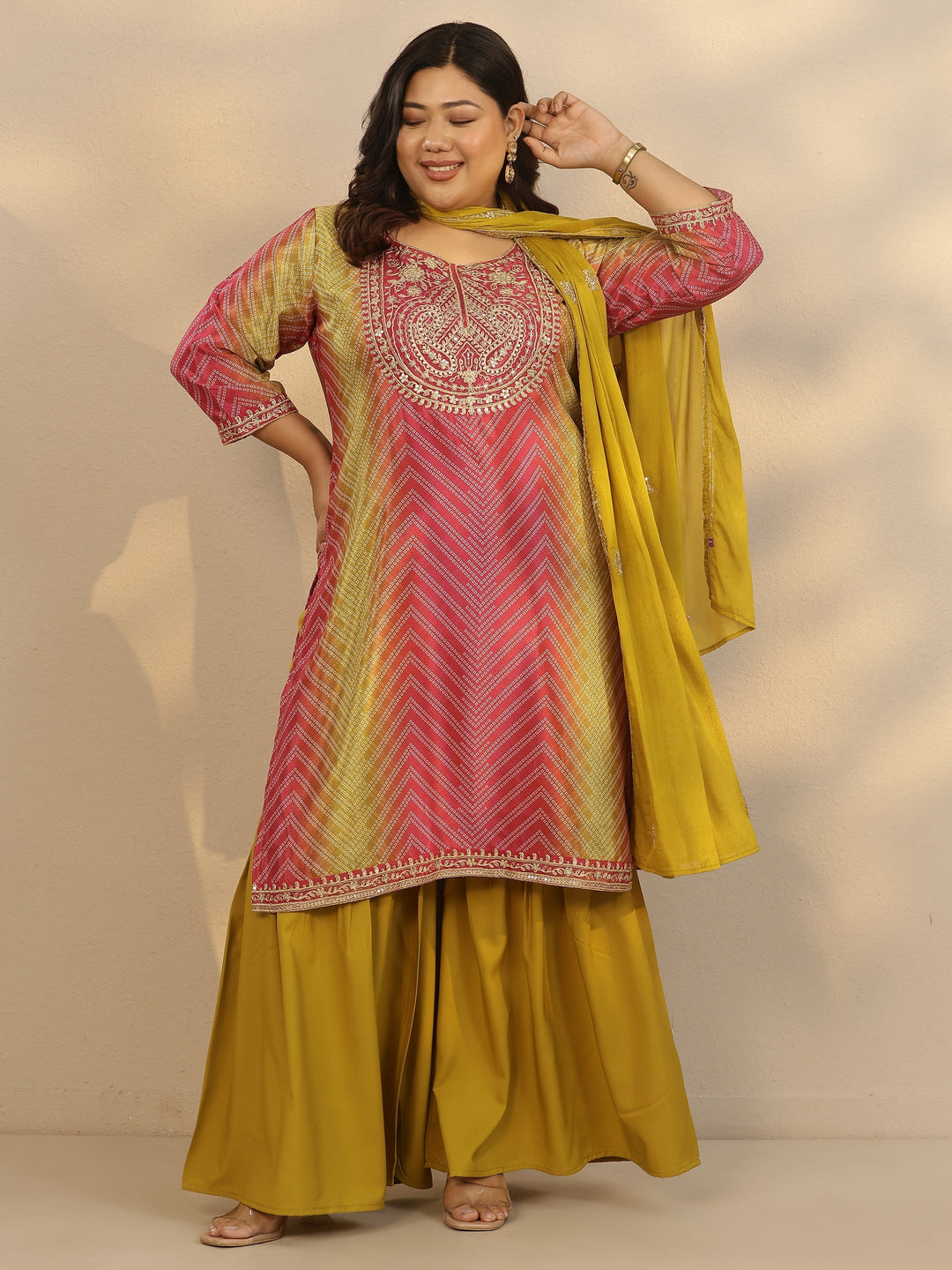 Plus Size Pink Embroidered Chinon Straight Suit Set With Dupatta