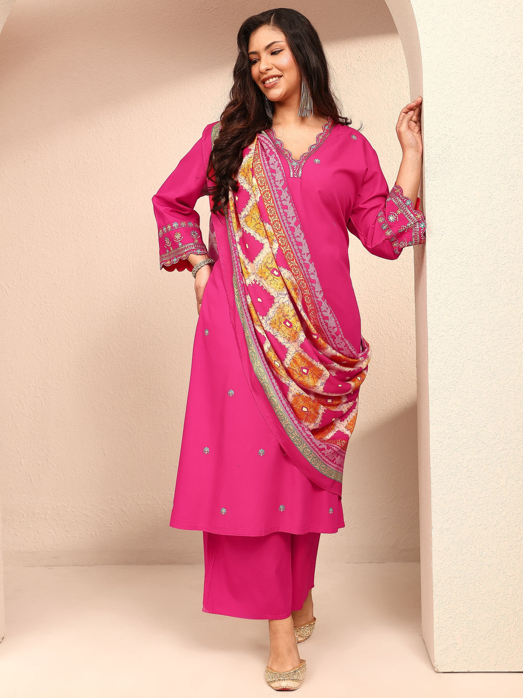 Plus Size Pink Embroidered Plus Size Clothing Silk Blend Straight Suit Set With Dupatta