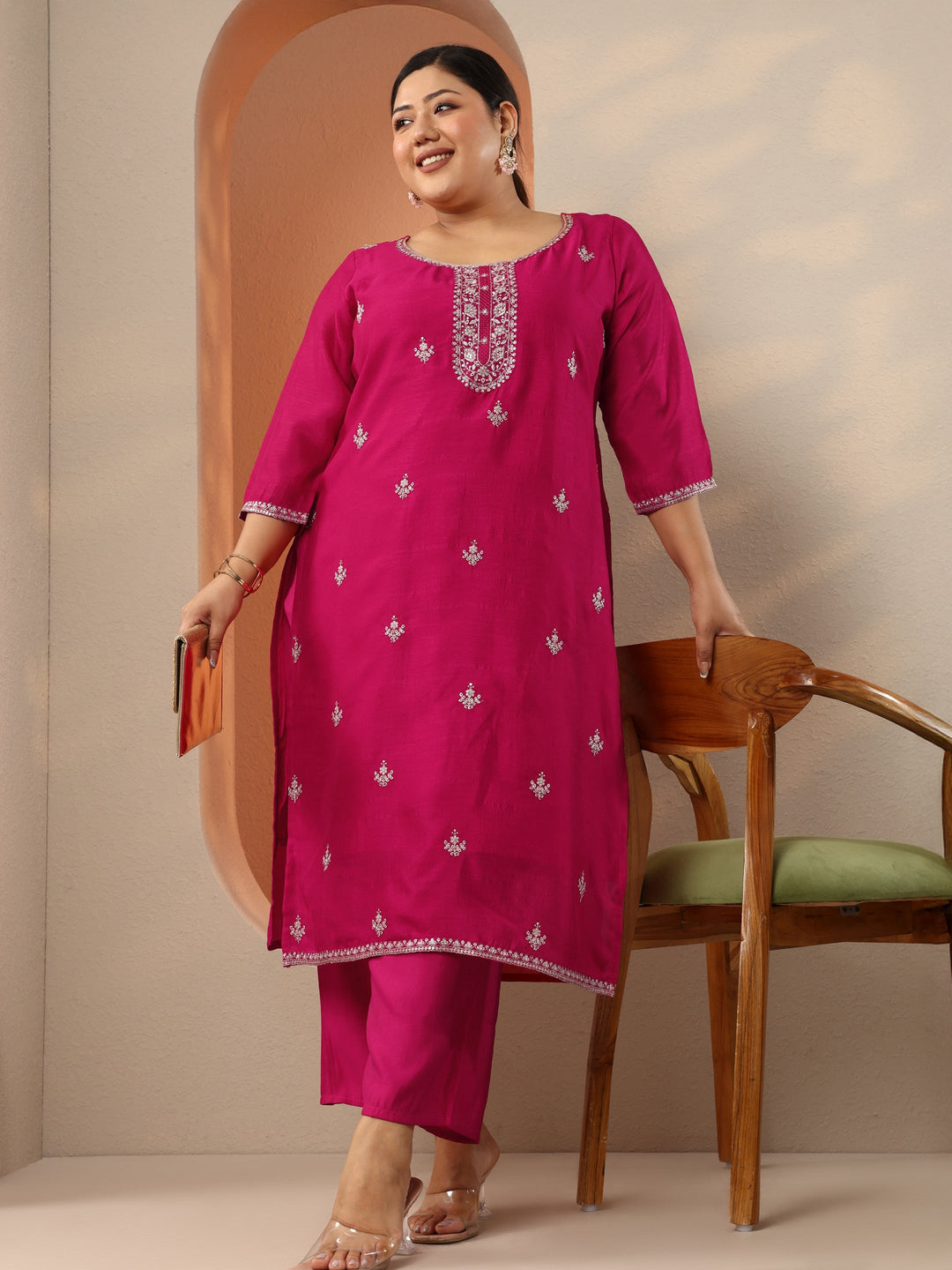 Plus Size Pink Embroidered Silk Blend Straight Kurta