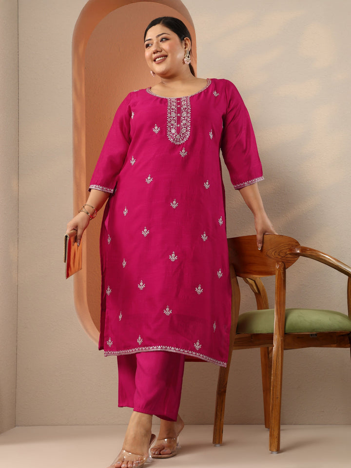 Plus Size Pink Embroidered Silk Blend Straight Kurta
