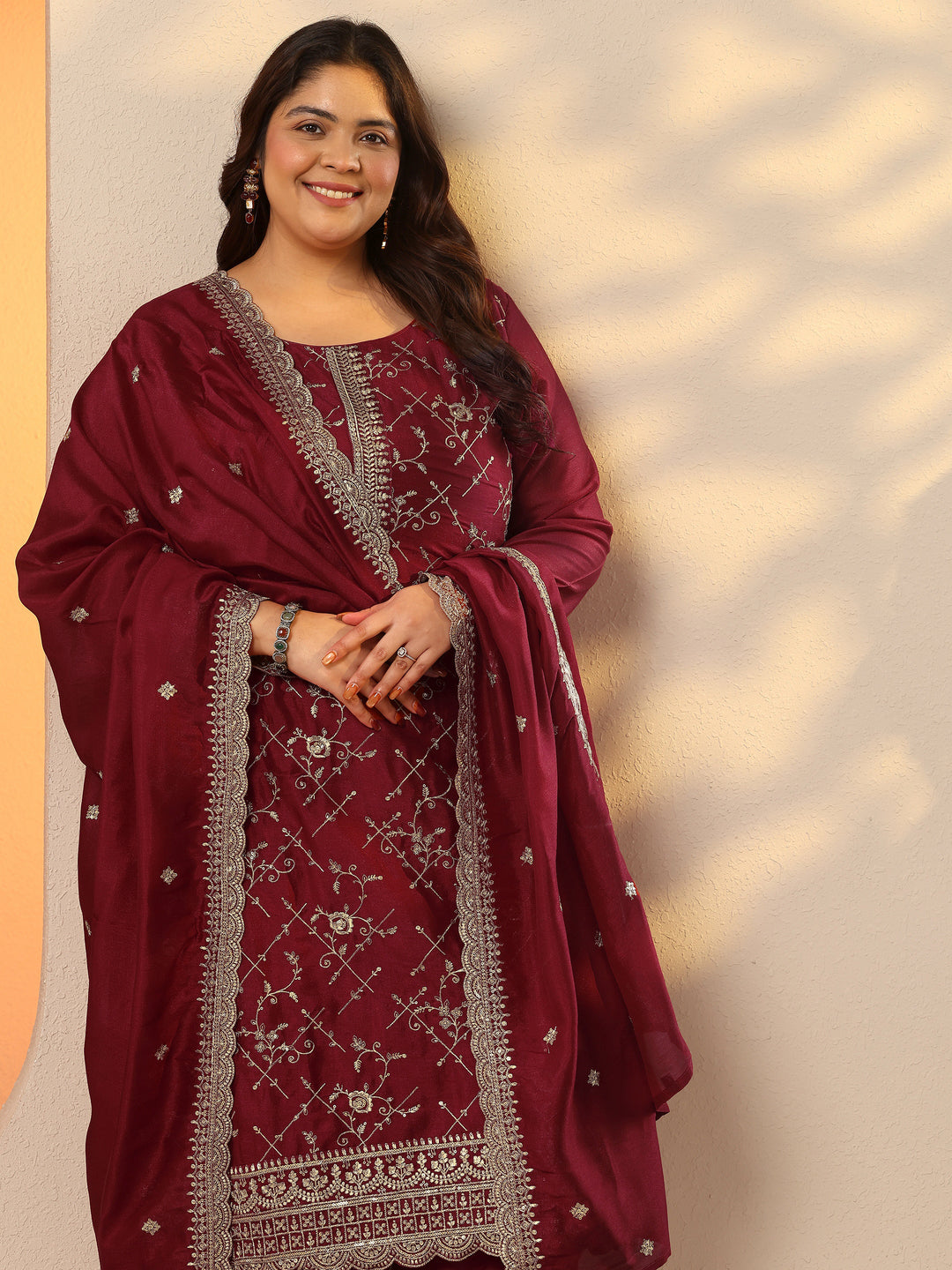 Plus Size Pink Embroidered Silk Blend Straight Suit Set With Dupatta