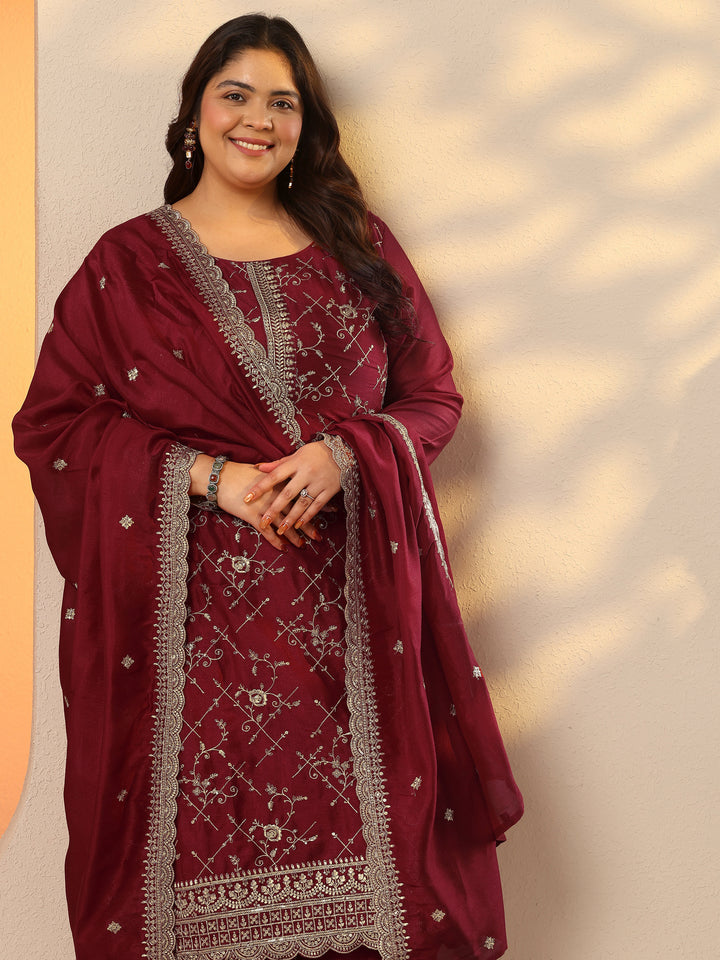 Plus Size Pink Embroidered Silk Blend Straight Suit Set With Dupatta