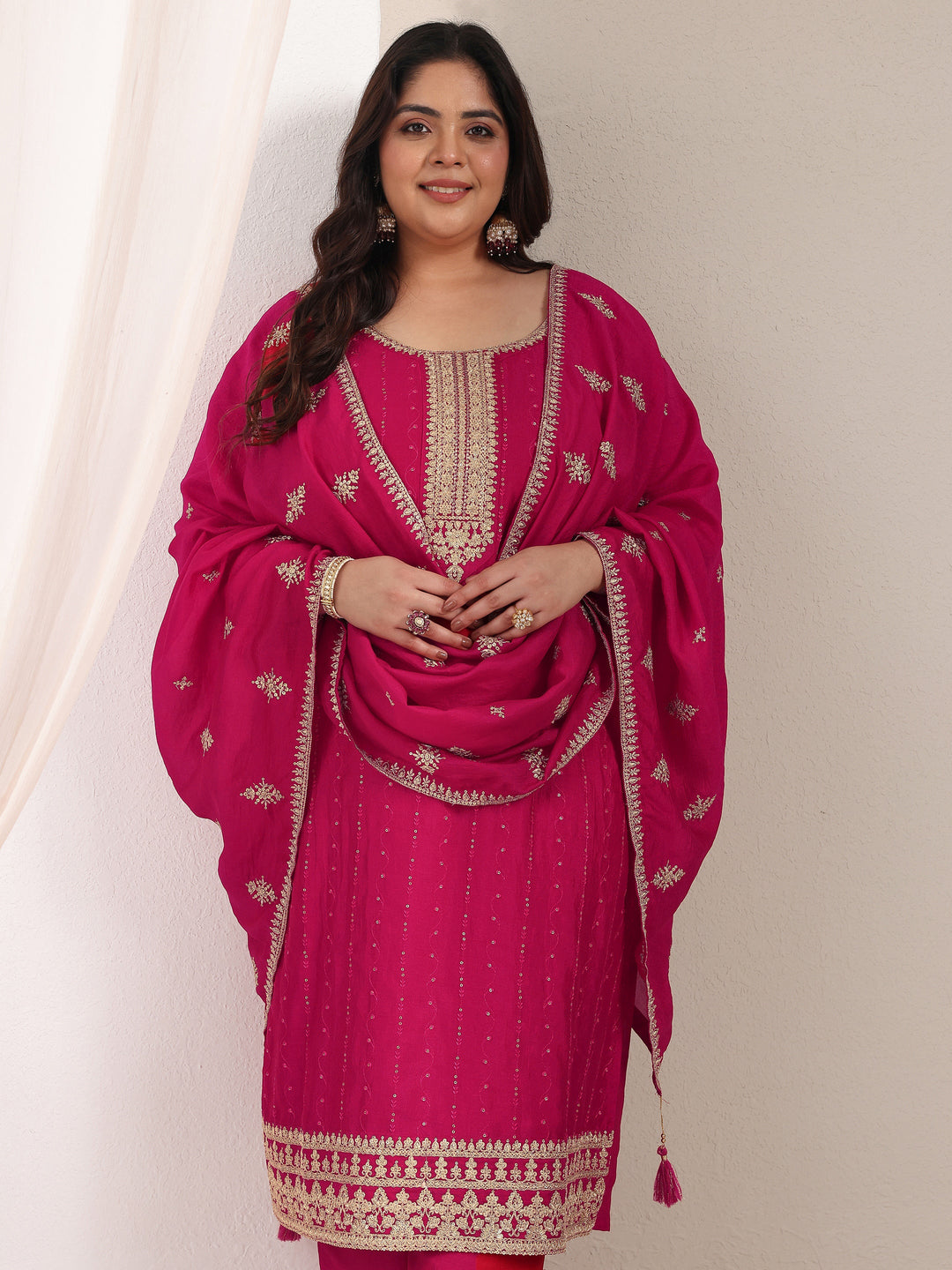 Plus Size Pink Embroidered Silk Blend Straight Suit Set With Dupatta