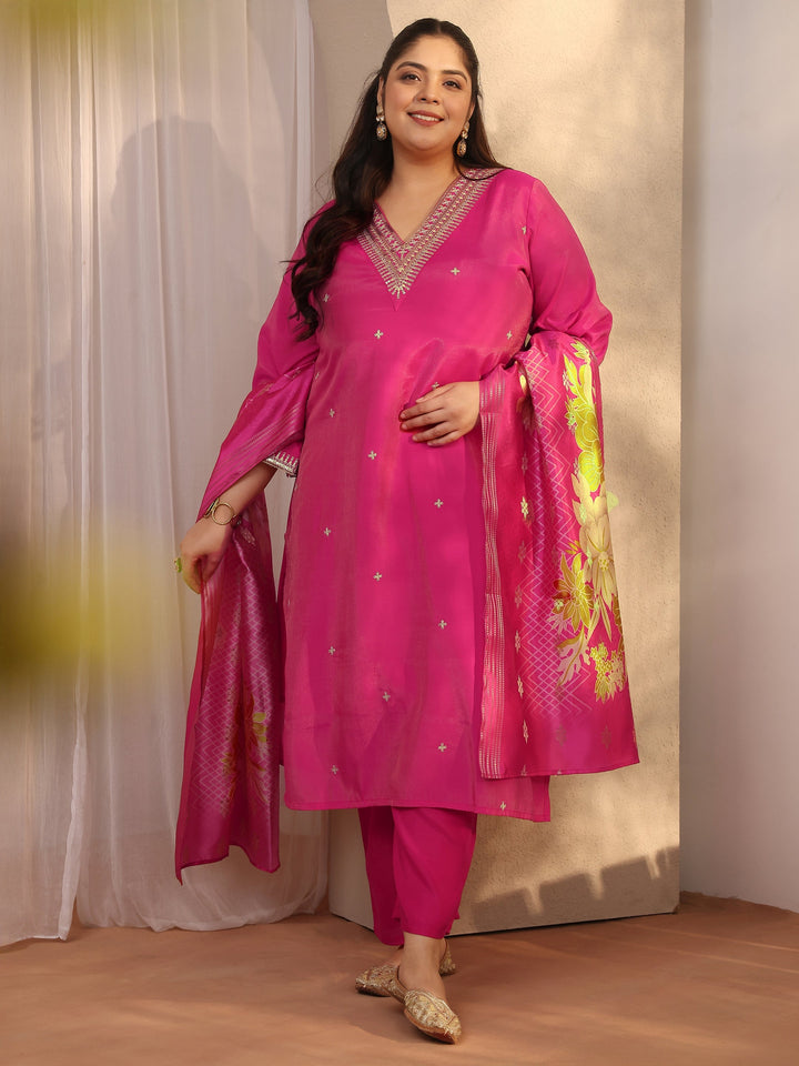 Plus Size Pink Embroidered Silk blend Straight Suit Set With Dupatta