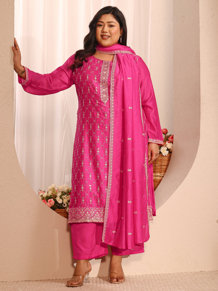 Plus Size Pink Embroidered Silk Blend Straight Suit Set With Dupatta