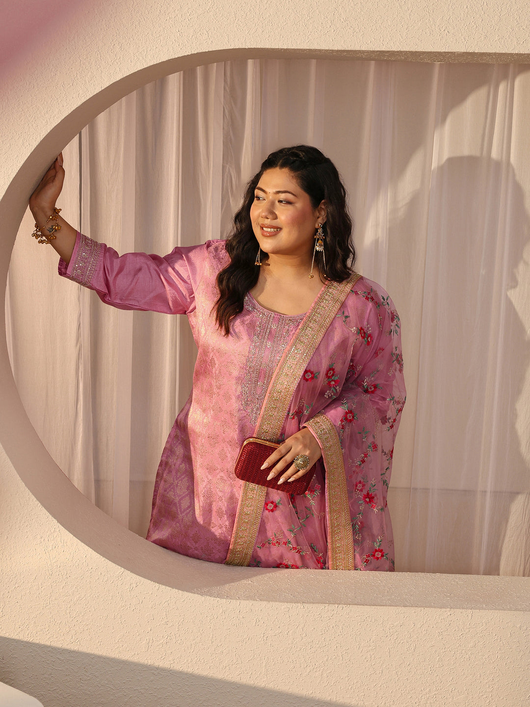 Plus Size Pink Ethnic Woven Design Silk Blend Straight Suit Set