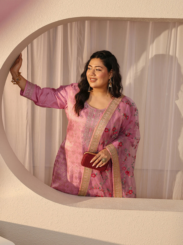 Plus Size Pink Ethnic Woven Design Silk Blend Straight Suit Set