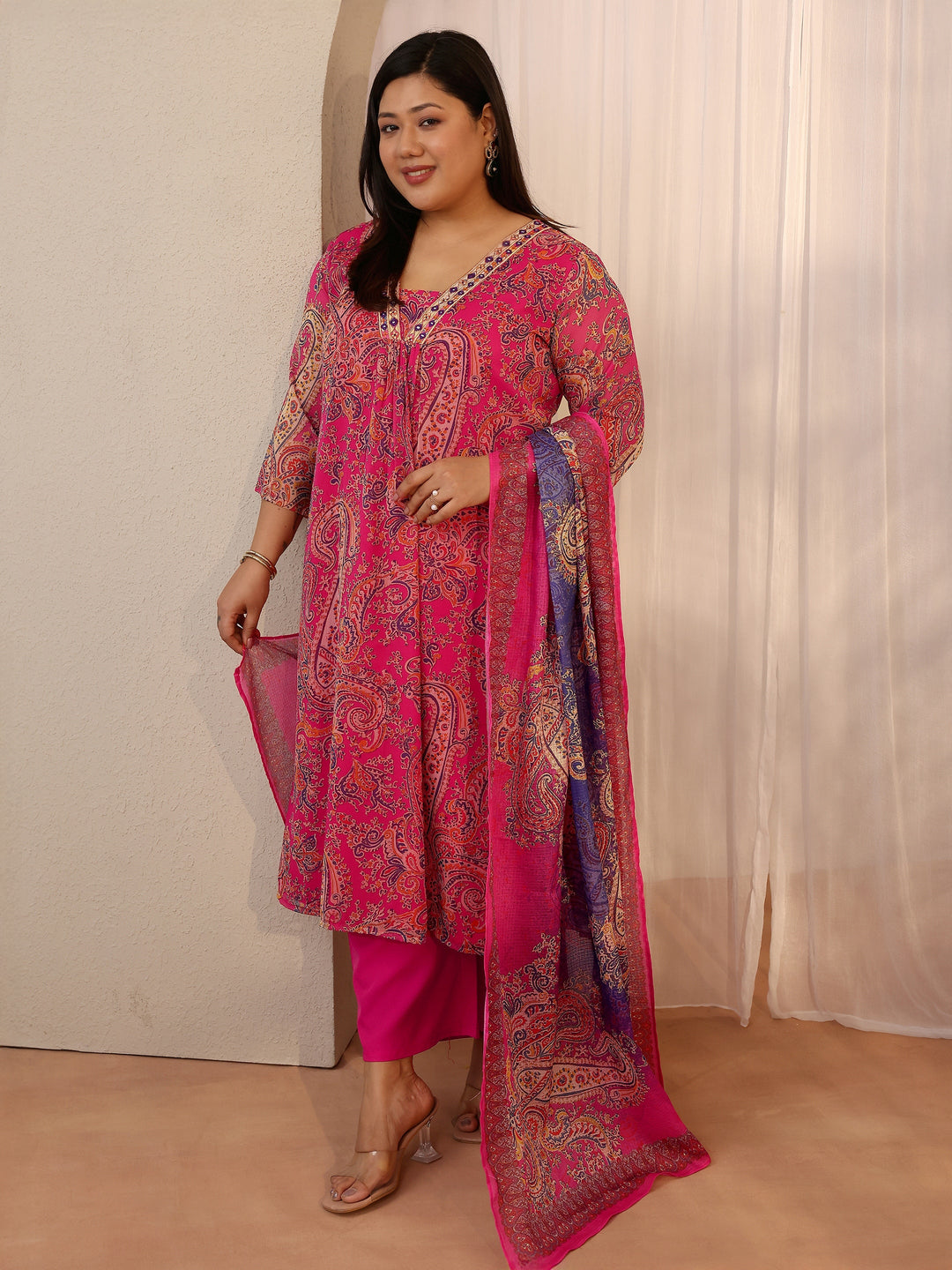 Plus Size Pink Paisley Printed Chiffon A-line Suit Set With Dupatta