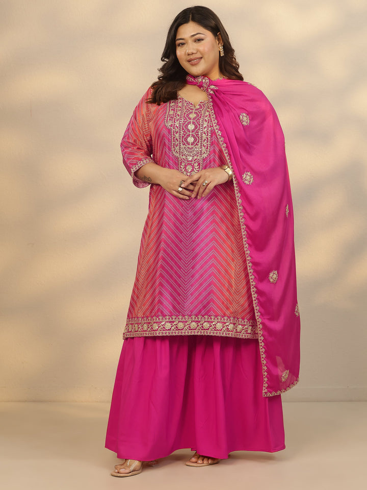 Plus Size Pink Printed Chinon Straight Suit Set With Dupatta