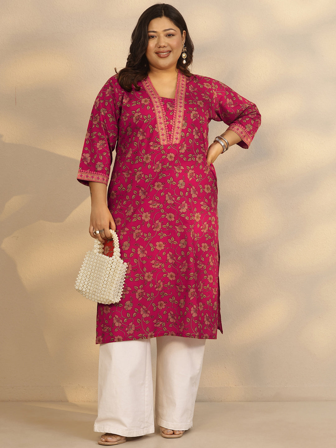 Plus Size Pink Printed Cotton Straight Kurta