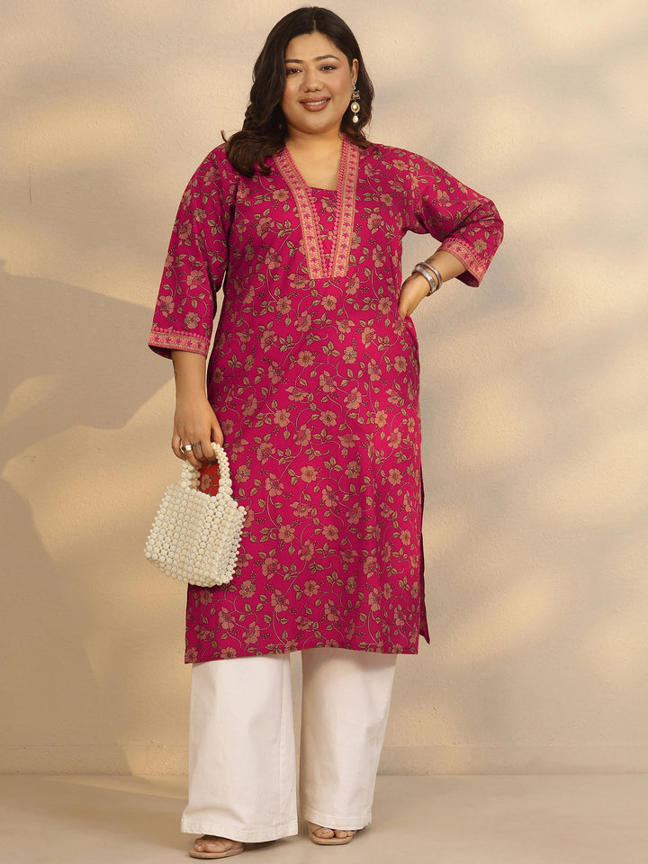 Plus Size Pink Printed Cotton Straight Kurta