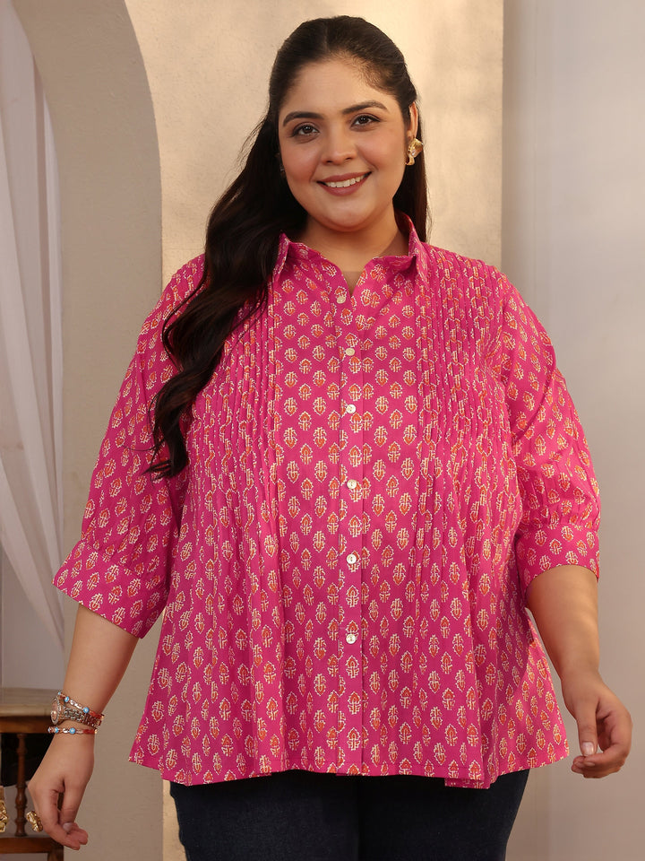 Plus Size Pink Printed Cotton Straight Short Kurti