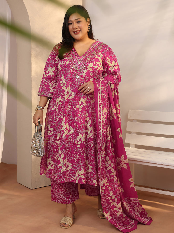 Plus Size Pink Printed Cotton Straight Suit Set With Dupatta