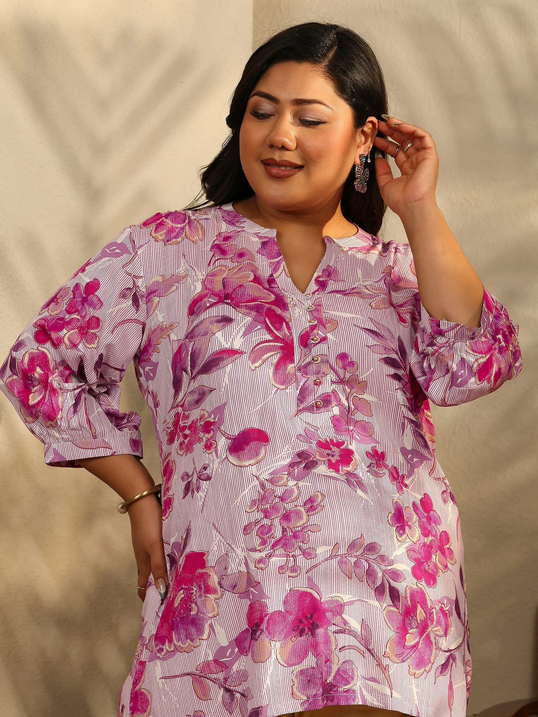 Plus Size Pink Printed Rayon Straight Short Kurti