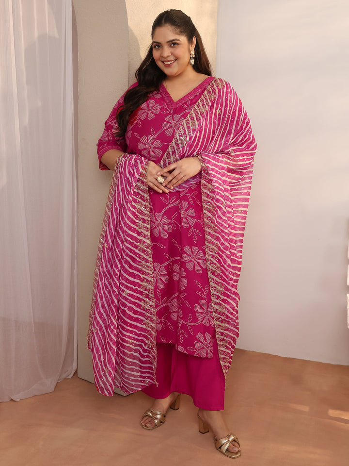 Plus Size Pink Printed Silk blend A-line Suit Set With Dupatta