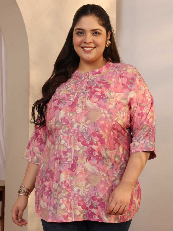Plus Size Pink Printed Silk Blend Straight Short Kurti