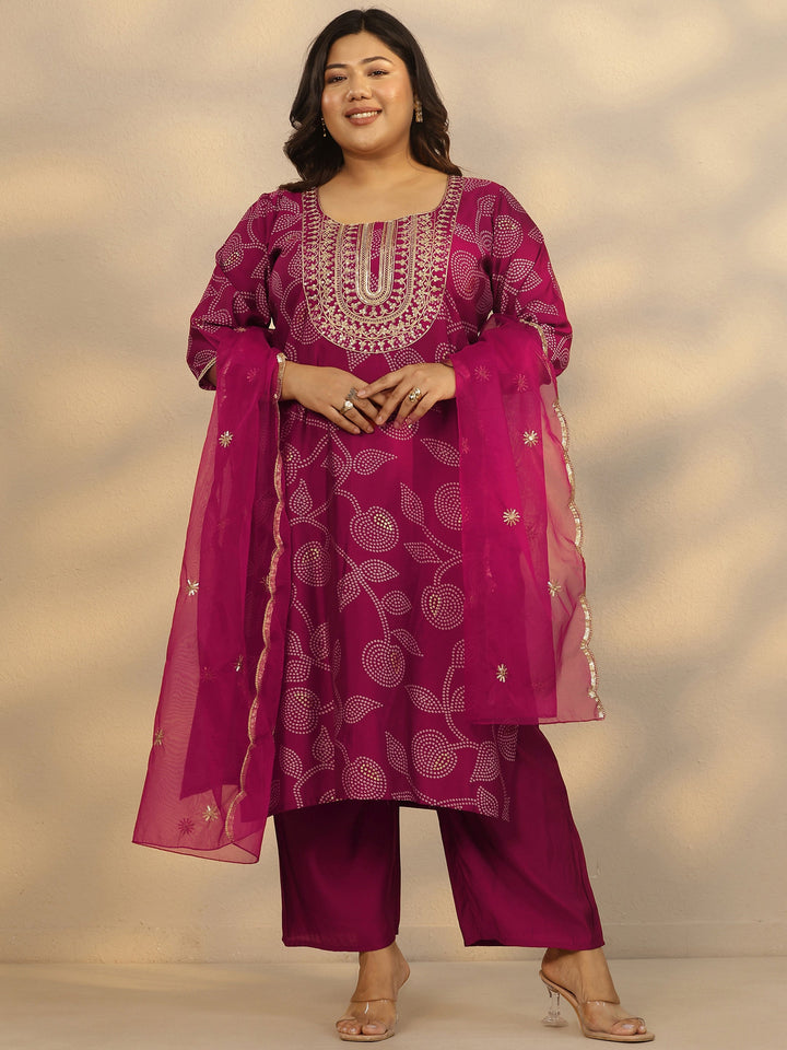 Plus Size Pink Printed Silk Blend Straight Suit Set With Dupatta