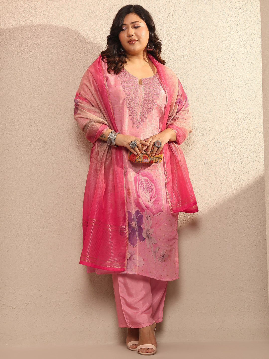 Plus Size Pink Printed Silk blend Suit Set With Dupatta