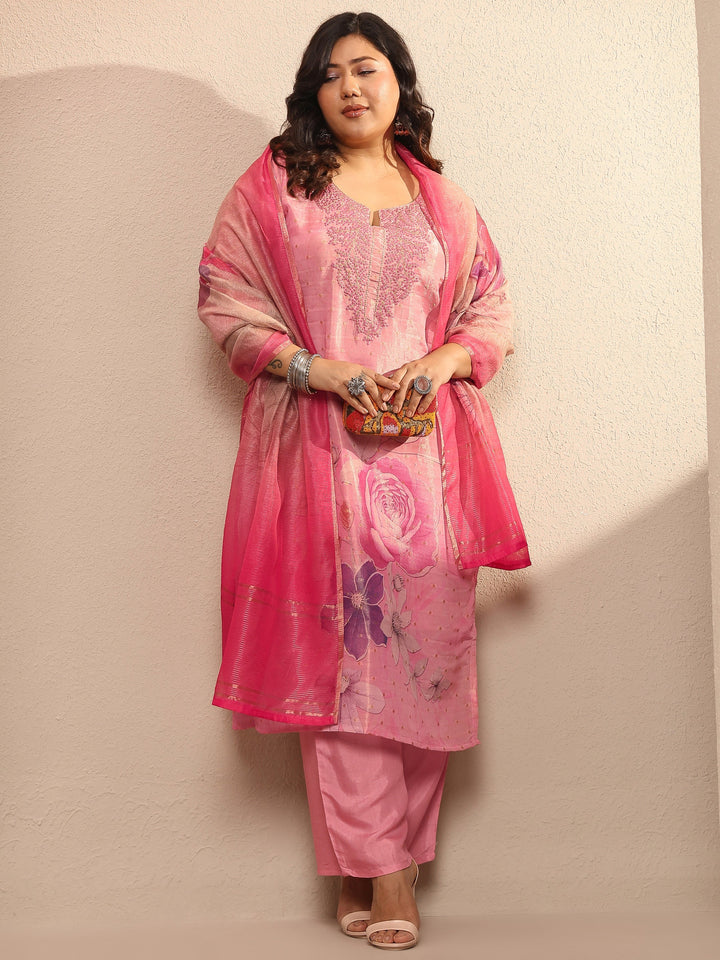 Plus Size Pink Printed Silk blend Suit Set With Dupatta