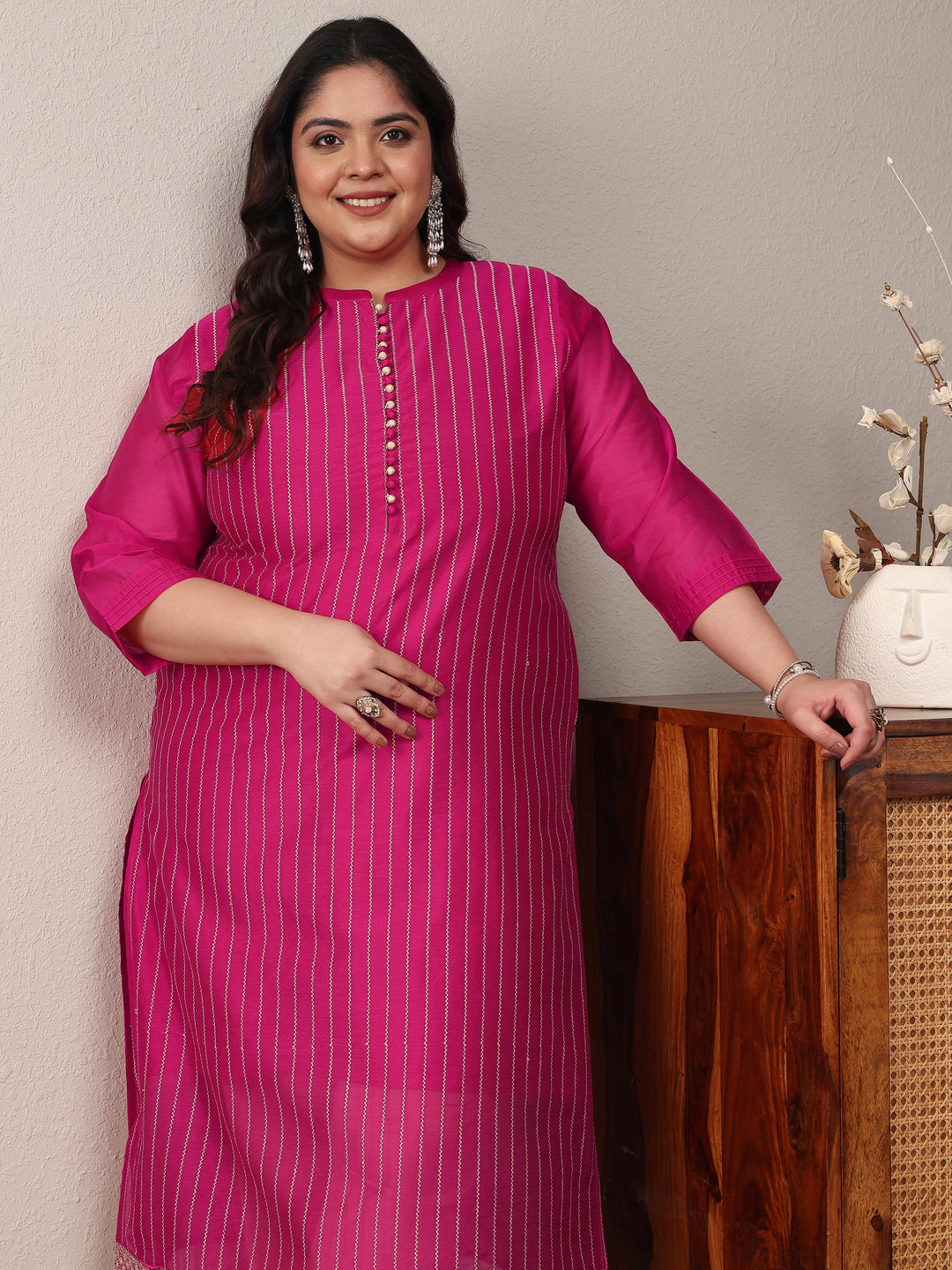 Plus Size Pink Striped Embroidered Silk Blend Straight Kurta