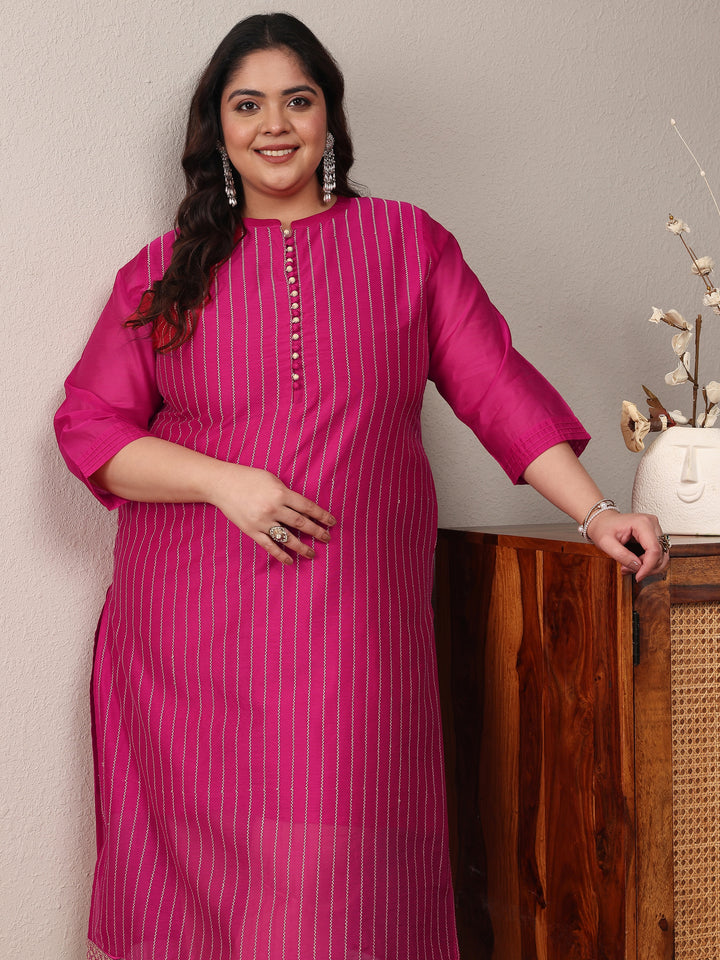 Plus Size Pink Striped Embroidered Silk Blend Straight Kurta