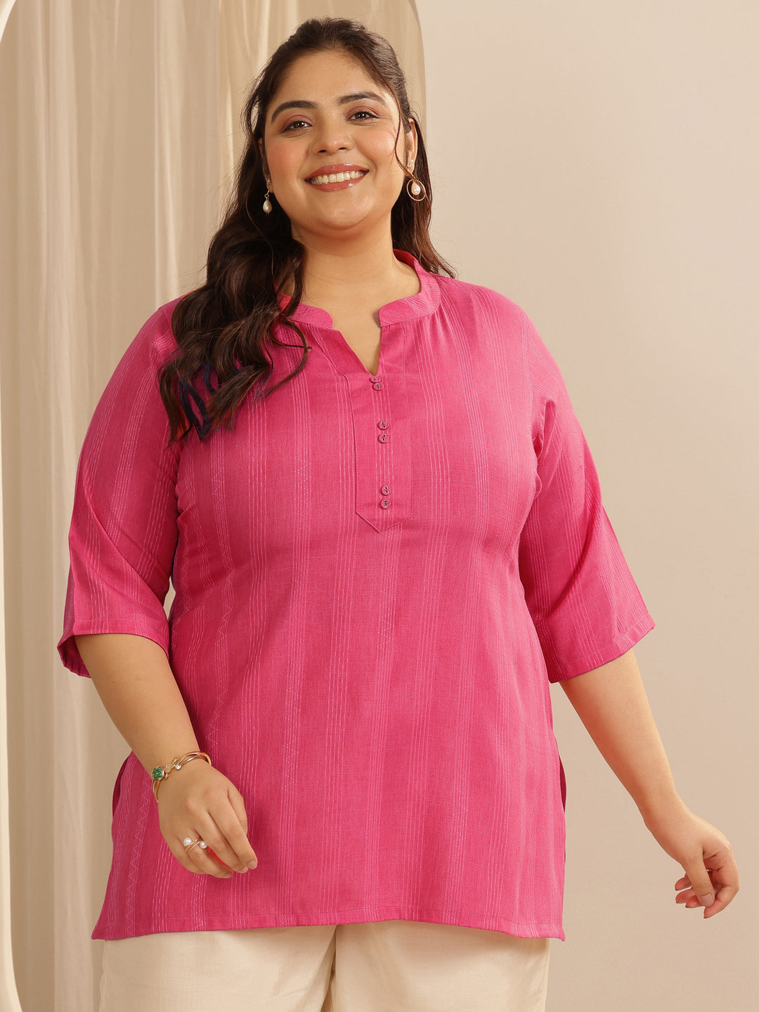 Plus Size Pink Woven Design Cotton Blend Straight Short Kurti