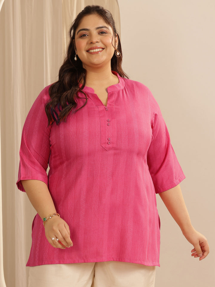 Plus Size Pink Woven Design Cotton Blend Straight Short Kurti